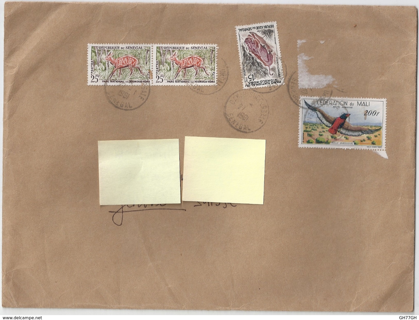 4 Timbres SENEGAL/FEDERATION DU MALI Sur Enveloppe Oblitérée 1961 -dont Aigle Bateleur, Parc National Du Niokolo-koba - Senegal (1960-...)