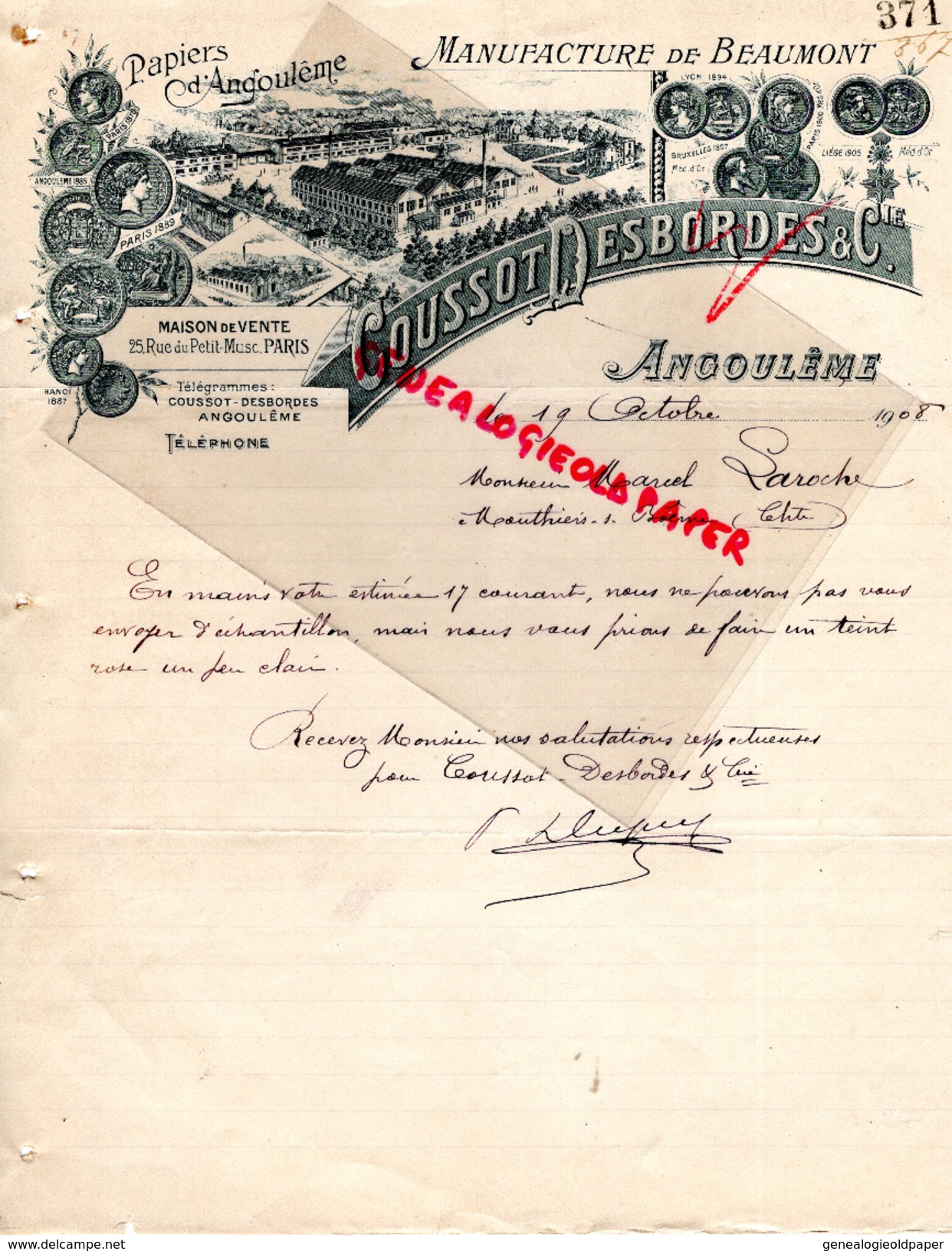 16 - ANGOULEME -FACTURE MANUFACTURE BEAUMONT PAPIERS PAPETERIE IMPRIMERIE-COUSSOT DESBORDES- A M. LAROCHE MOUTHIERS-1908 - Drukkerij & Papieren