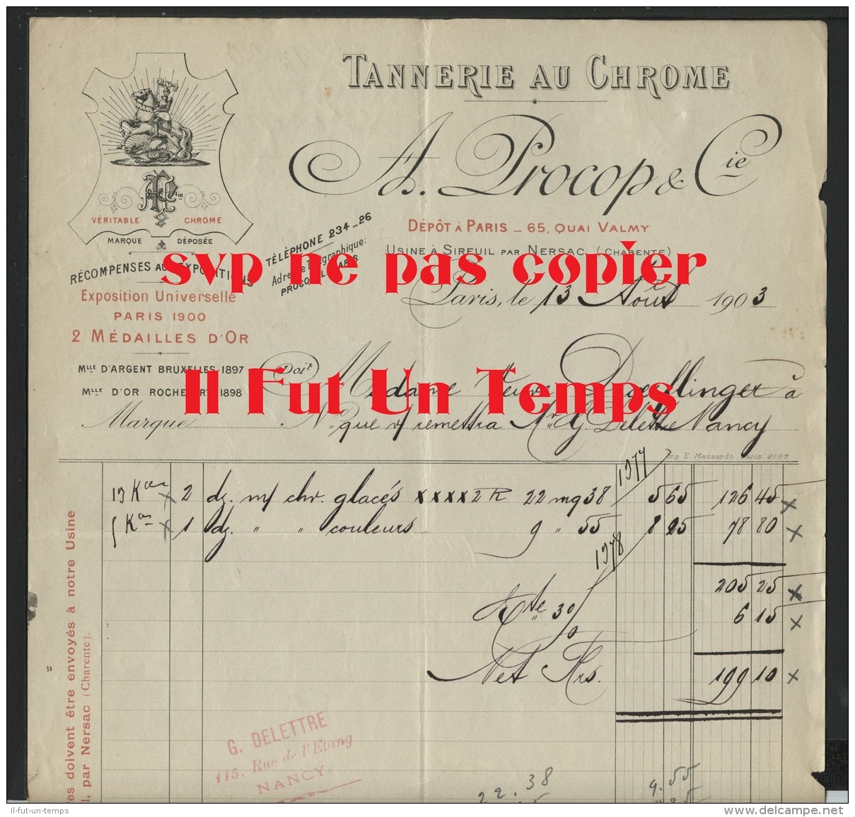 75 PARIS - A. PROCOP &amp; CIE - Tannerie Au Chrome - 1903 - 1900 – 1949