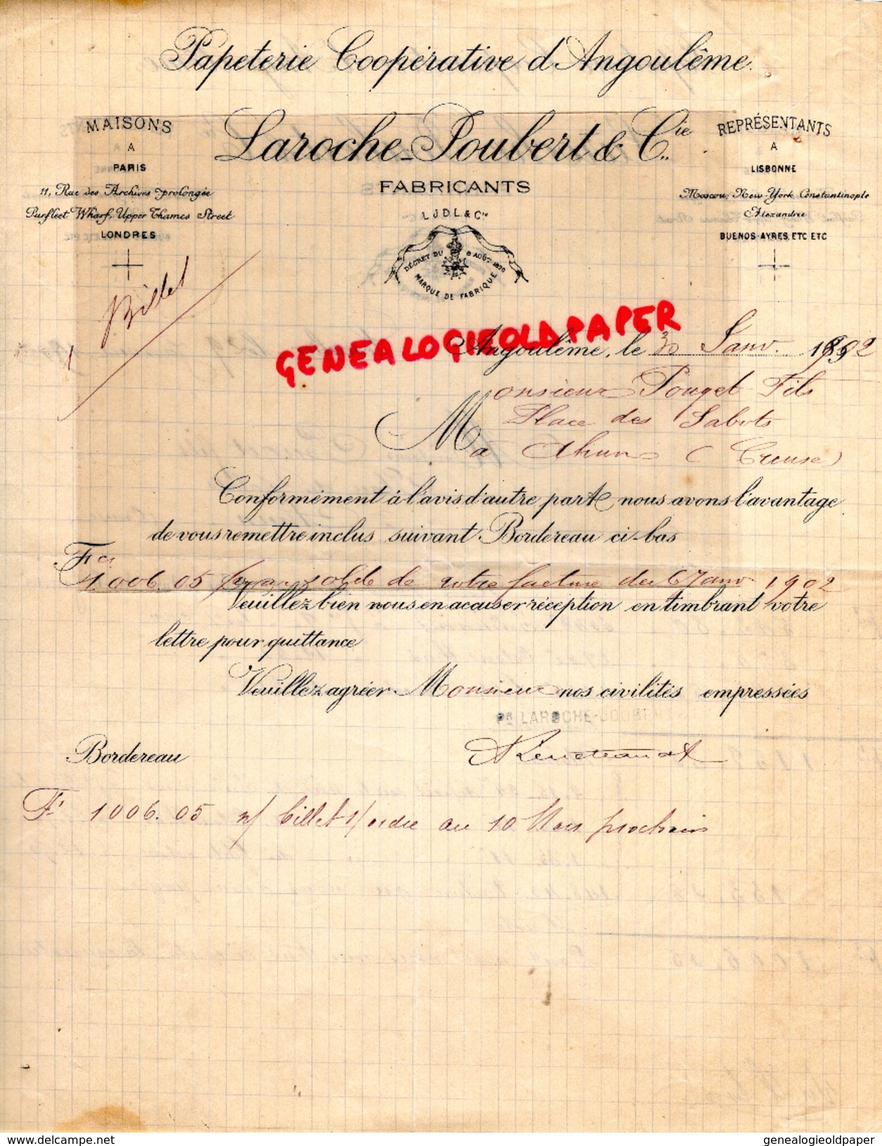 16 - ANGOULEME- LESCALIER- FACTURE  PAPETERIE IMPRIMERIE COOPERATIVE- LAROCHE JOUBERT- 1902  FABRICANTS PAPIERS - Printing & Stationeries
