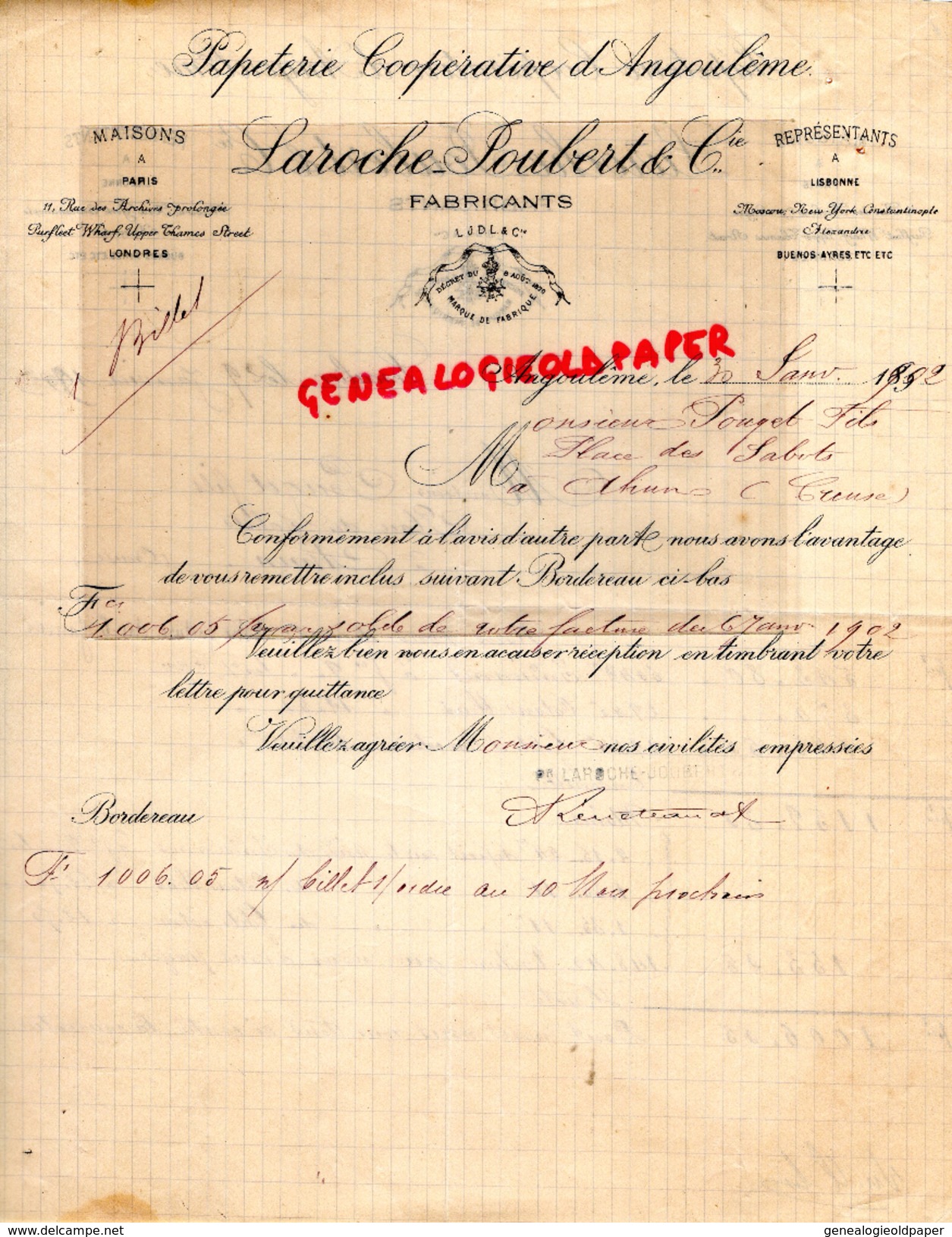 16 - ANGOULEME- LESCALIER- FACTURE  PAPETERIE IMPRIMERIE COOPERATIVE- LAROCHE JOUBERT- 1902  FABRICANTS PAPIERS - Imprimerie & Papeterie