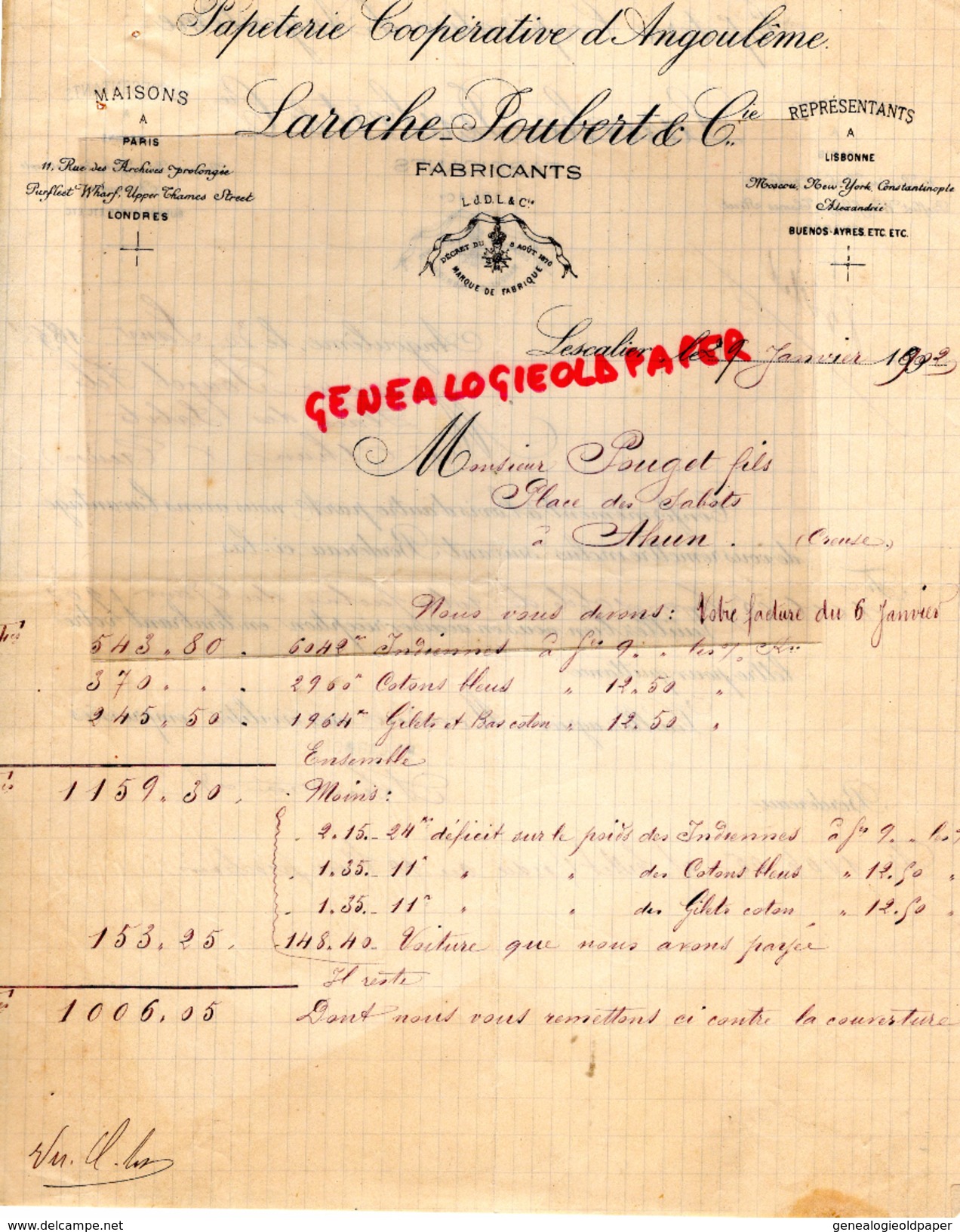 16 - ANGOULEME- LESCALIER- FACTURE  PAPETERIE IMPRIMERIE COOPERATIVE- LAROCHE JOUBERT- 1902  FABRICANTS PAPIERS - Druck & Papierwaren