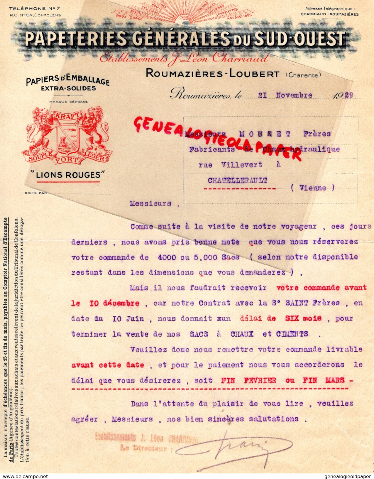 16 - ROUMAZIERES LOUBERT-LETTRE DE LEON CHARRIAUD DIRECTEUR PAPETERIE IMPRIMERIE SUD OUEST -PAPIERS LIONS ROUGES-1929 - Papeterie