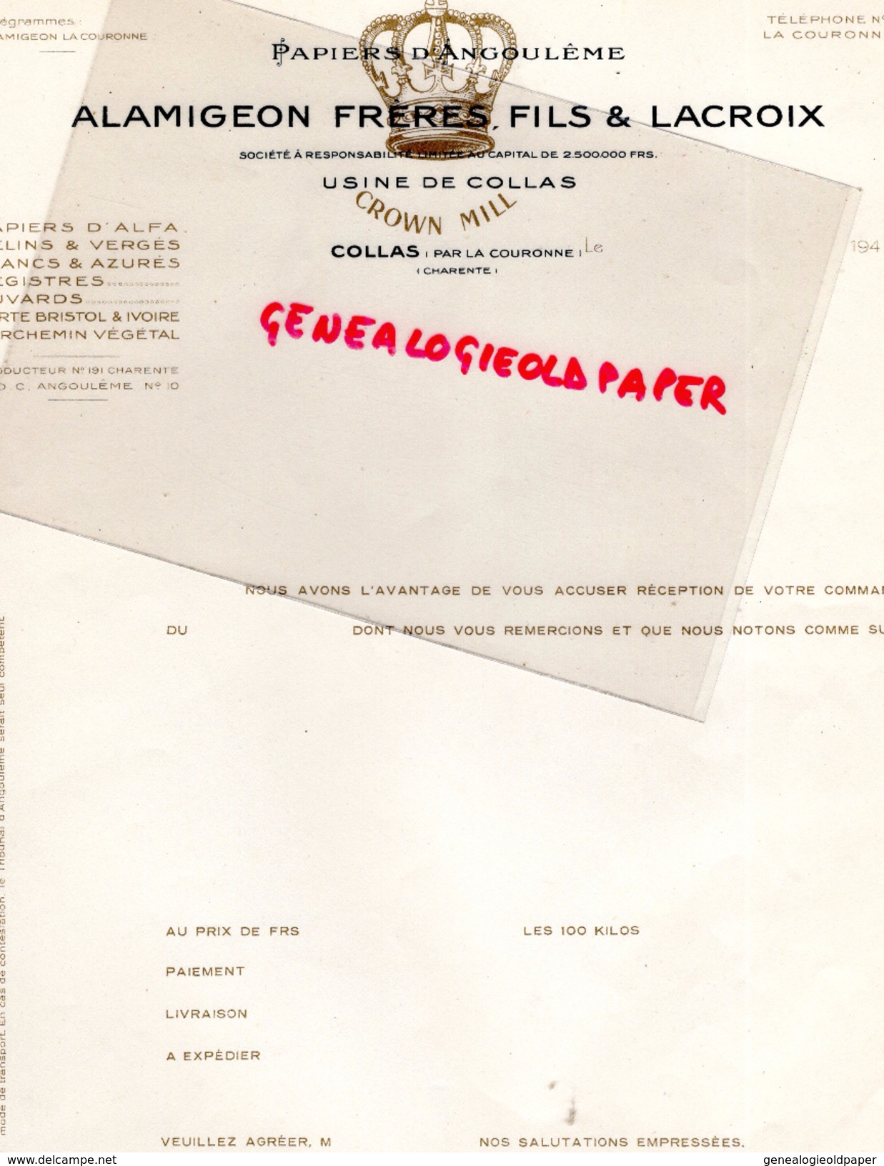 16 - COLLAS PAR LA COURONNE- FACTURE ALAMIGEON FRERES FILS & LACROIX- PAPIERS D' ANGOULEME- PAPETERIE IMPRIMERIE-1940 - Imprimerie & Papeterie