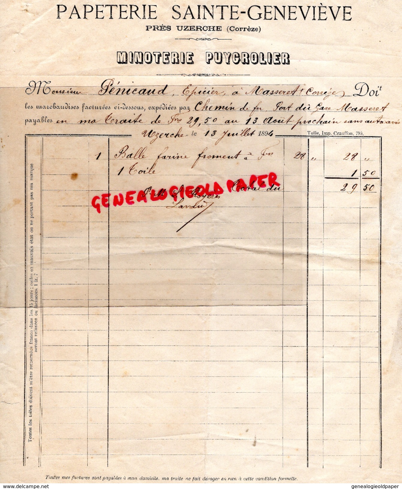 19 - PRES UZERCHE- PAPETERIE IMPRIMERIE SAINTE GENEVIEVE- MINOTERIE PUYGROLIER -A M. PENICAUD EPICIER A MASSERET- 1894 - Stationeries (flat Articles)