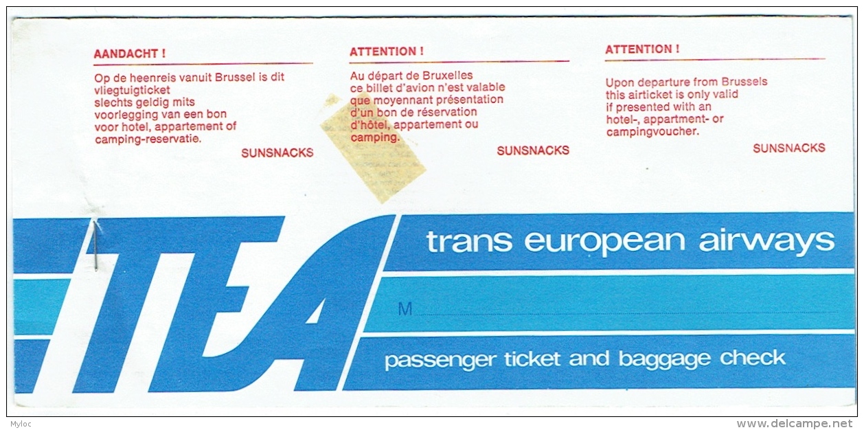 Ticket/Billet D'Avion. TEA, Trans European Airways. Alicante/Bruxelles. 1978. - Europa