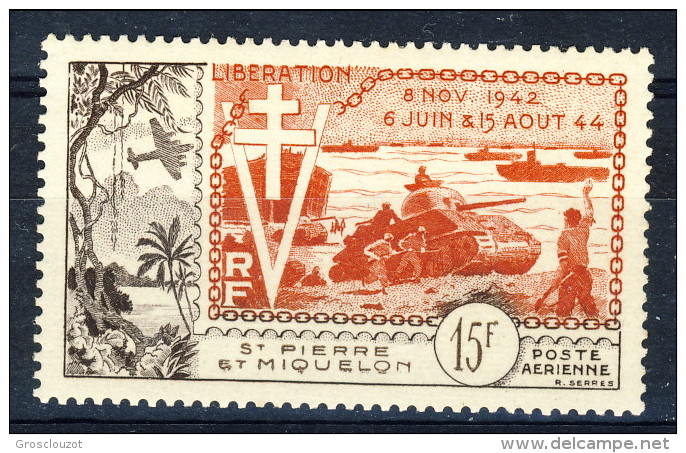 S. Pierre Et Miquelon Posta Aerea 1954 N. 22 Fr 15 Sbarco In Normandia  MVLH Catalogo € 21 - Nuovi