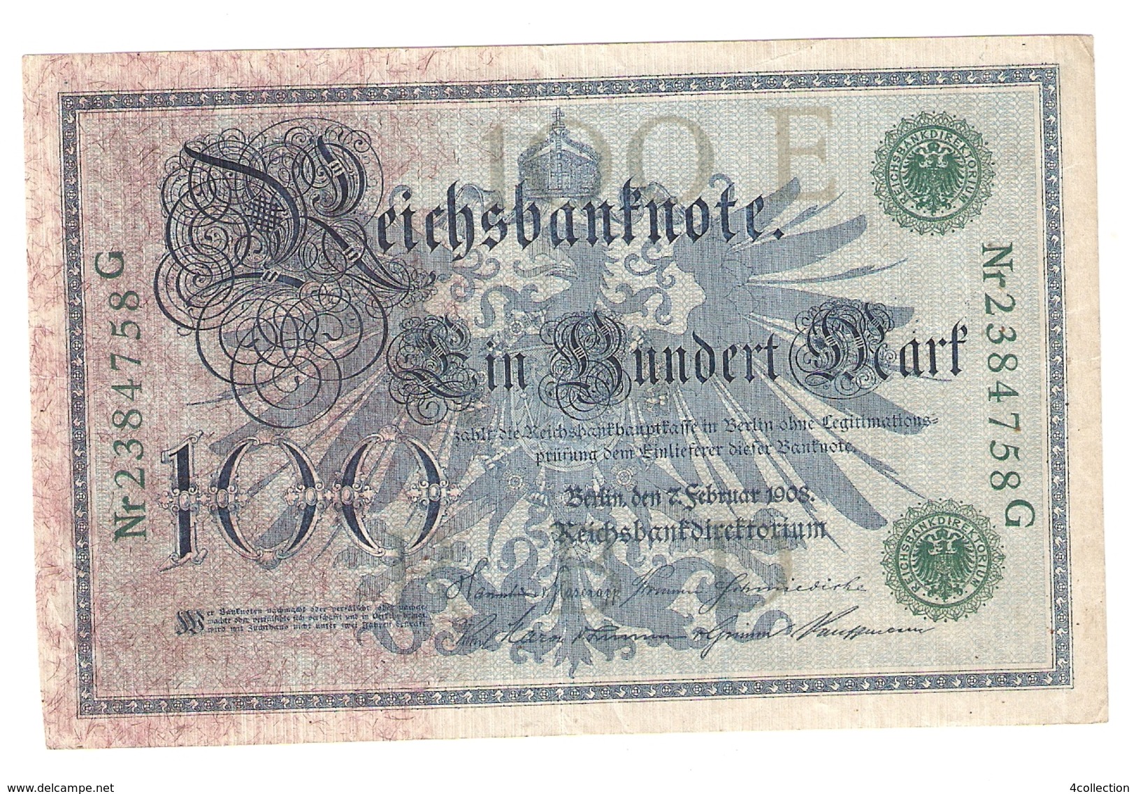 Pa6. Germany German Empire 100 Mark 1908 Reichsbanknote Green Seal & Ser. 2384758 G - 100 Mark