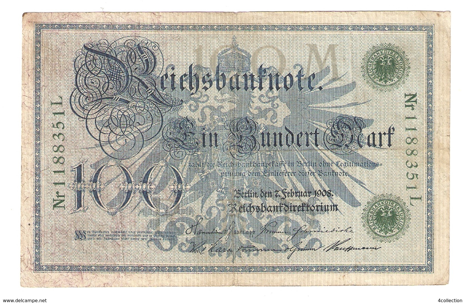 Pa6. Germany German Empire 100 Mark 1908 Reichsbanknote Green Seal & Ser. 1188351 L - 100 Mark