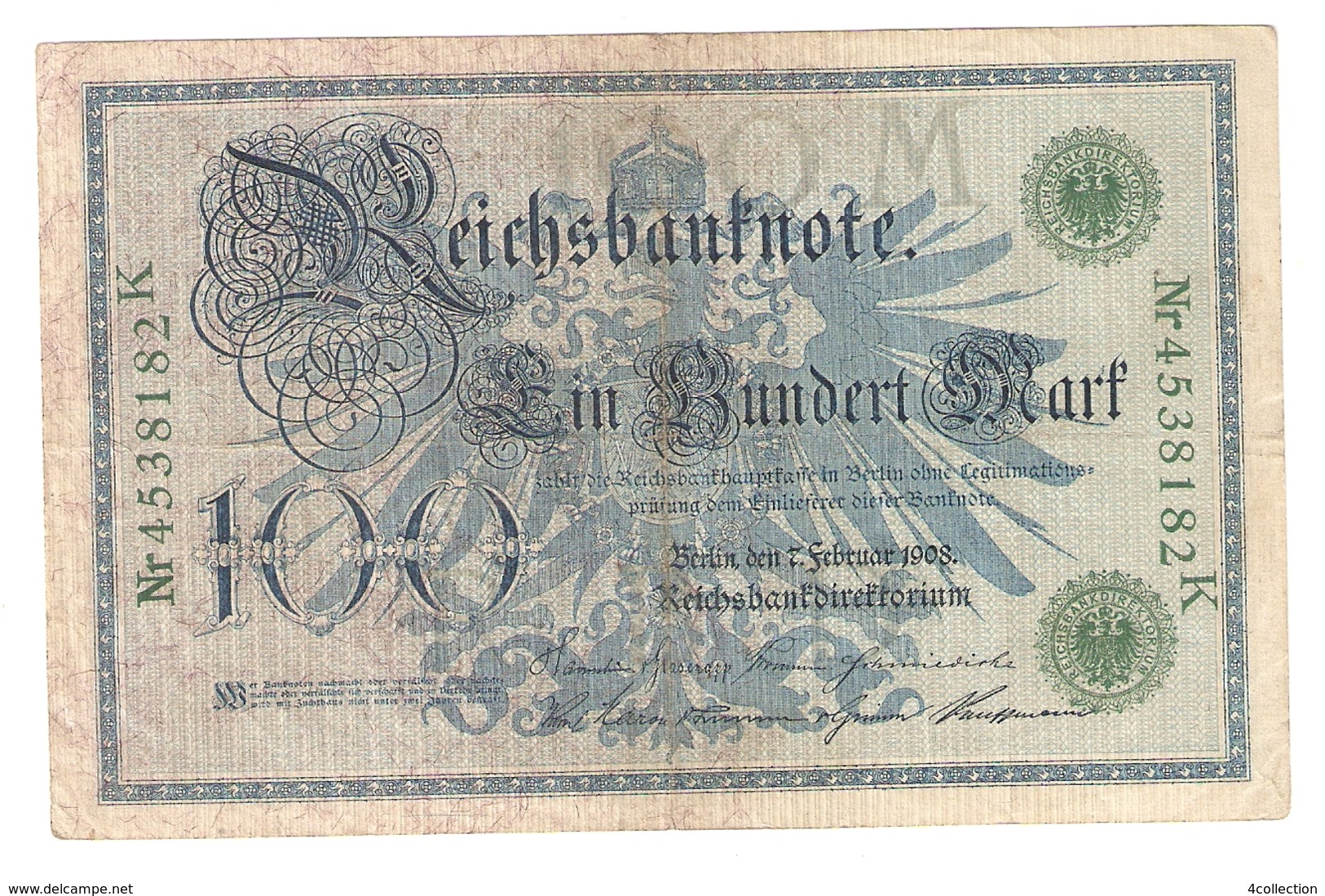 Pa6. Germany German Empire 100 Mark 1908 Reichsbanknote Green Seal & Ser. 4538182 K - 100 Mark