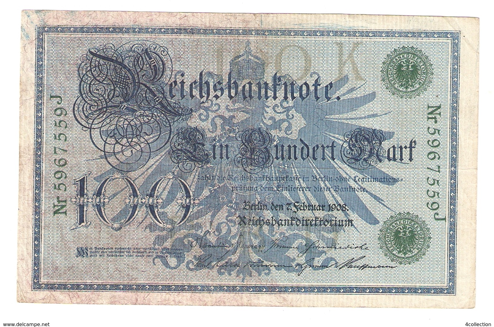 Pa6. Germany German Empire 100 Mark 1908 Reichsbanknote Green Seal & Ser. 5967559 J - 100 Mark