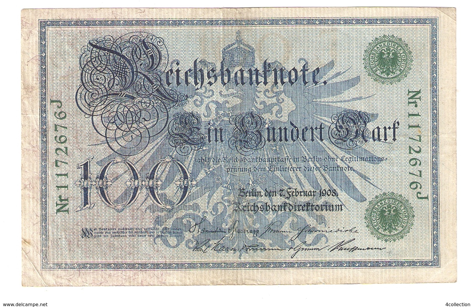 Pa6. Germany German Empire 100 Mark 1908 Reichsbanknote Green Seal & Ser. 1172676 J - 100 Mark