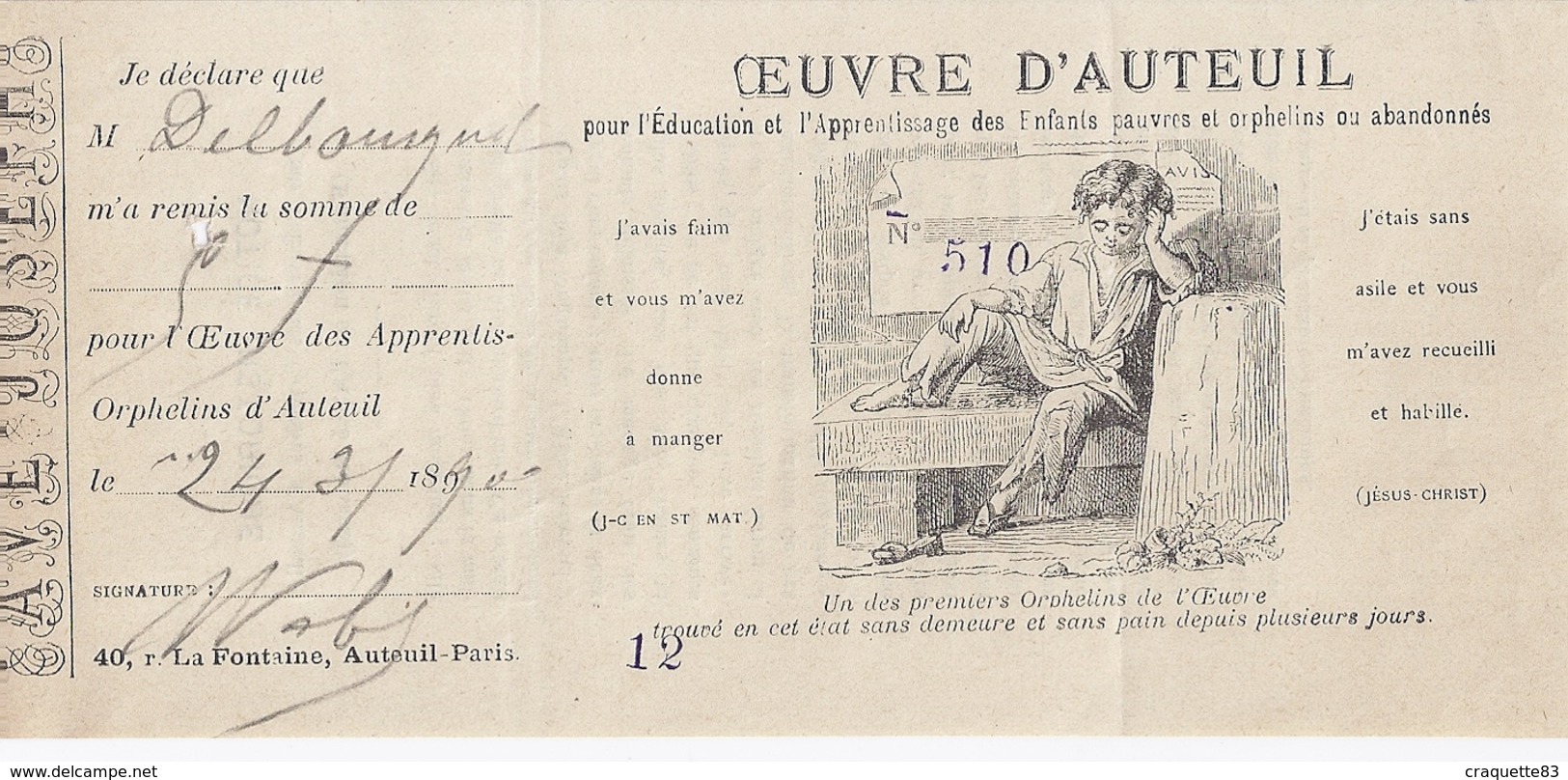 Reçu- OEUVRE D'AUTEUIL  1890- OEUVRE DES APPRENTIS ORPHELINS D'AUTEUIL - Non Classés