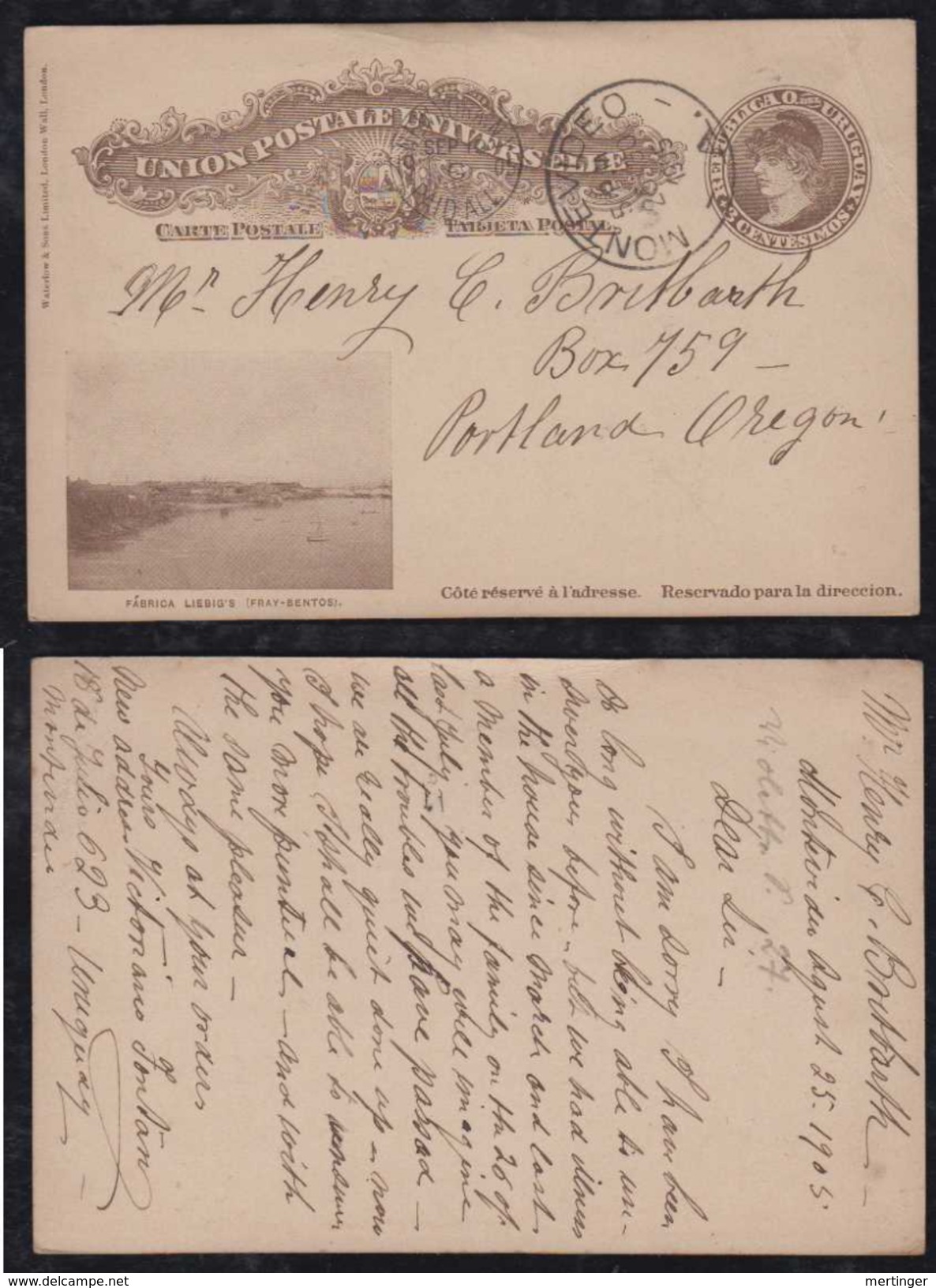 Uruguay 1905 Picture Stationery Card FABRICA LIEBIG FRAY-BENTOS To PORTLAND OREGON USA - Uruguay