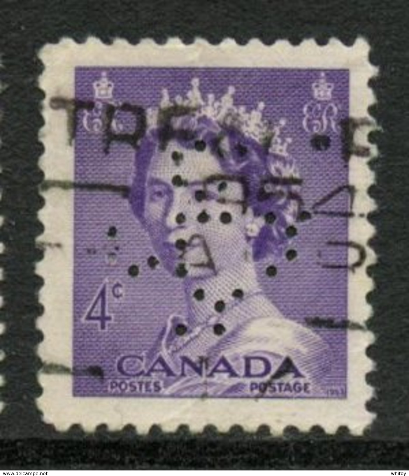 Canada 1953 4 Cent Queen Elizabeth II Karsh Issue #328xx  Quebec Liquor Commission - Perfins