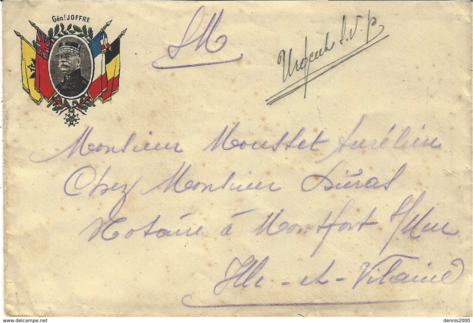 Sans Date - Enveloppe Avec Médaillon " Gén. Joffre "  Entouré De Drapeaux  -au Dos, ARMEE / BELGE - Lettres & Documents