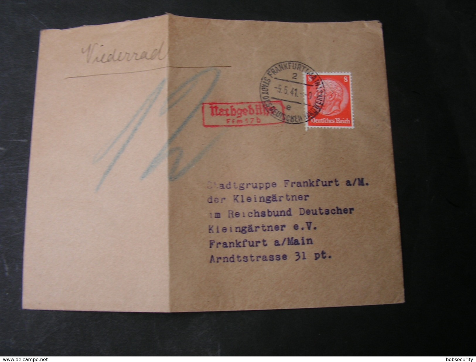 DR Cv. Nachgebühr Ffm Niederrad  1941 - Briefe U. Dokumente