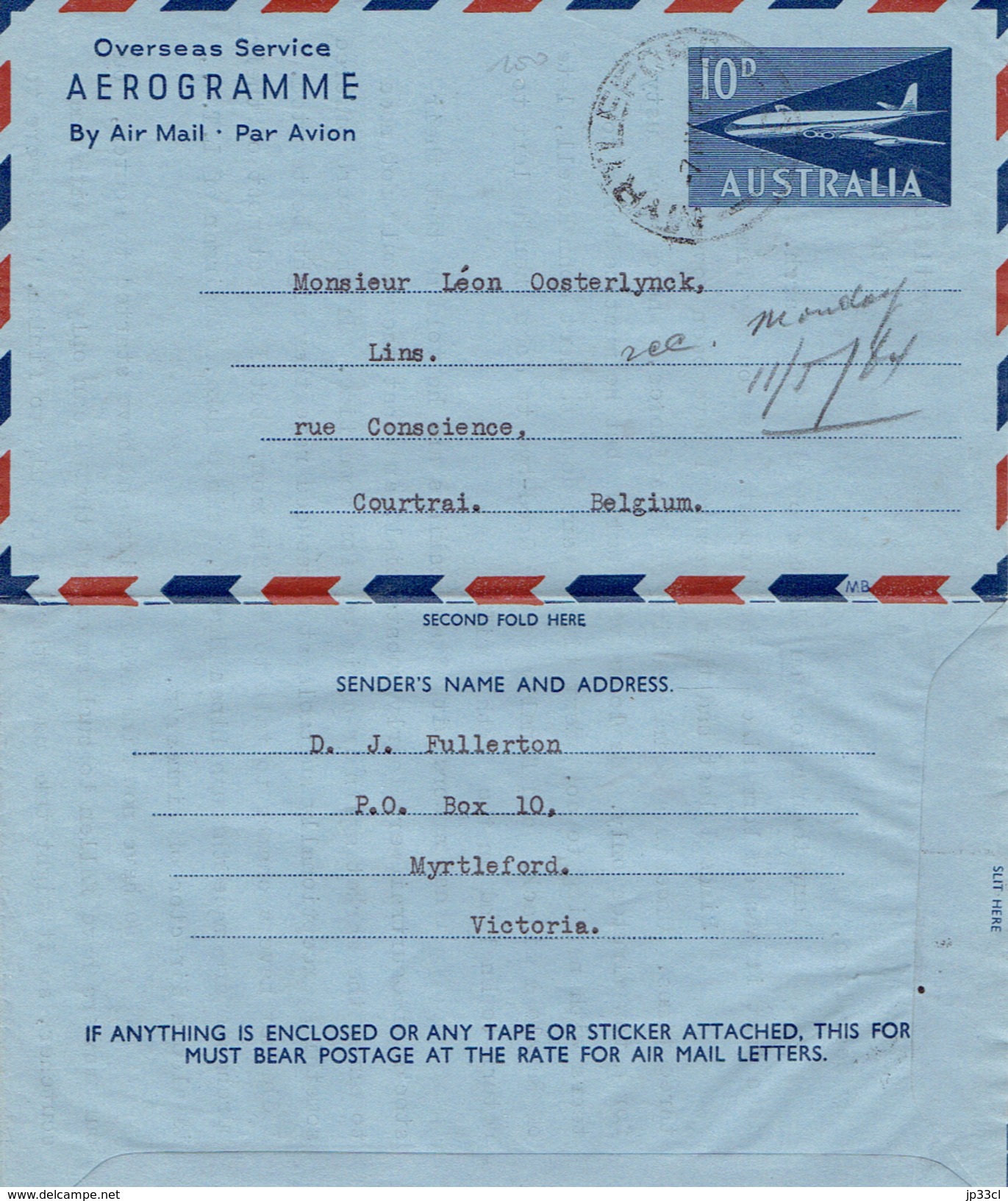 Aérogramme De D.J. Fullerton, Myrtleford, Australie à Courtrai (Belgium) Du 7 Mai 1964 - Aérogrammes