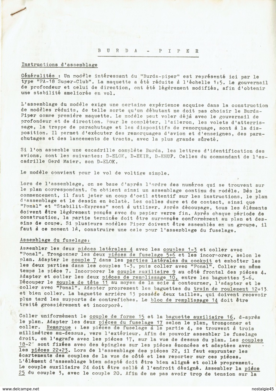 Documents BURDA-PIPPER Dont Nomenclature 114 éléments  Et Plan  En A3 - Flugzeuge & Hubschrauber