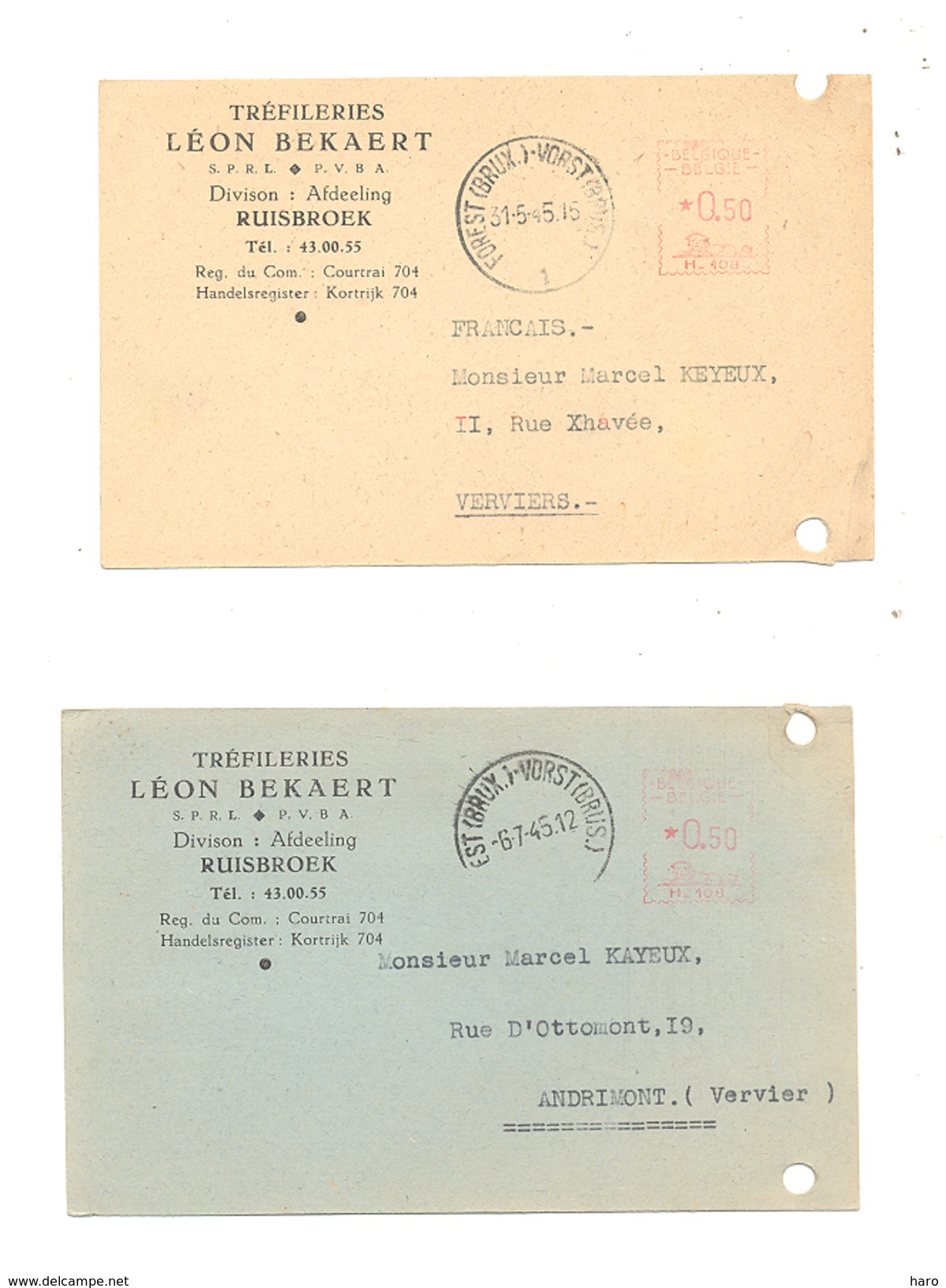 Lot De 2 Cartes Postales Pré Imprimées - Tréfileries Léon BEKAERT à RUISBROEK 1945 (k) - Drogenbos