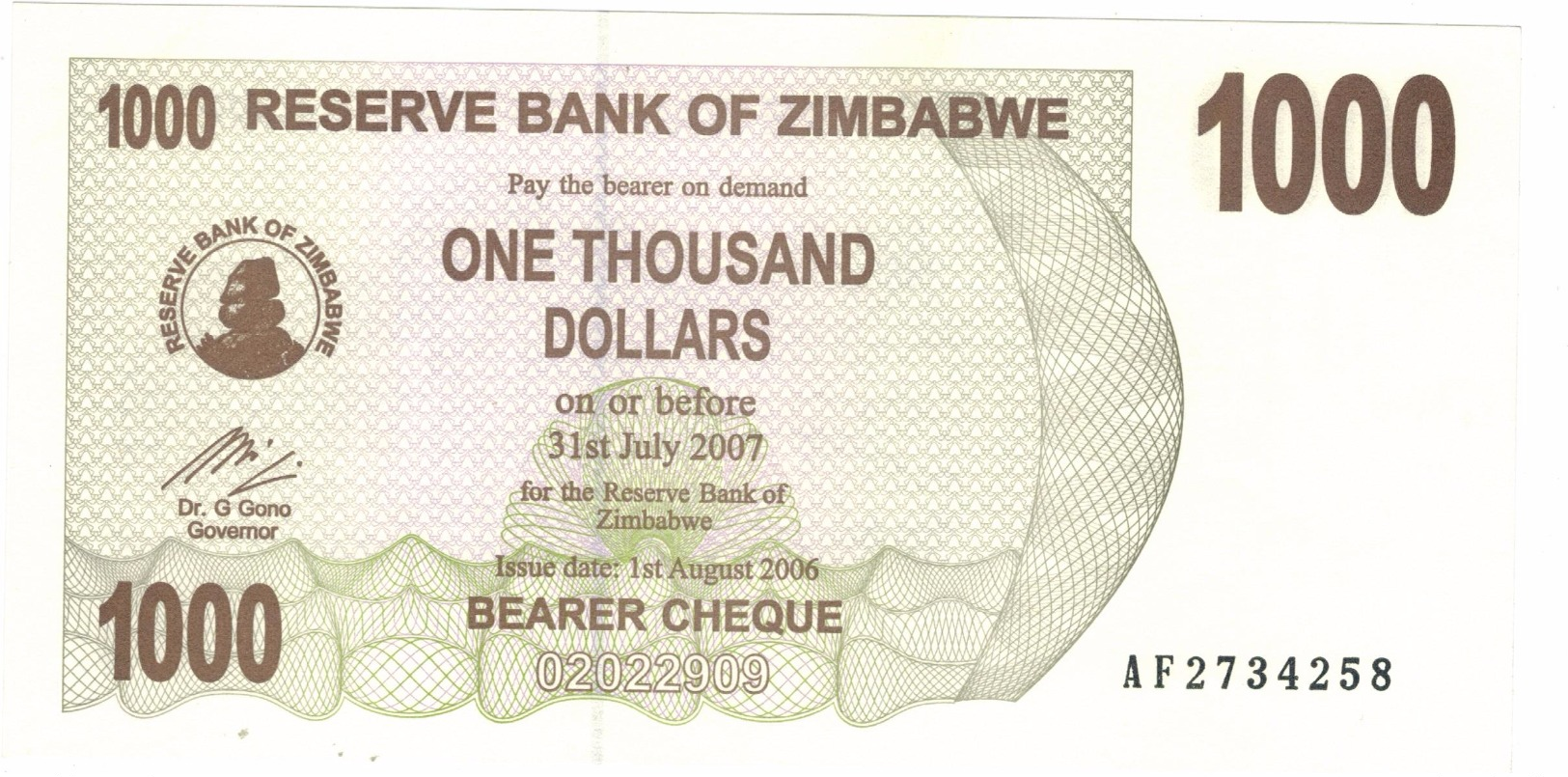 Zimbabwe, 1000 Dollars , P-44, UNC .Free Ship. To USA. - Simbabwe