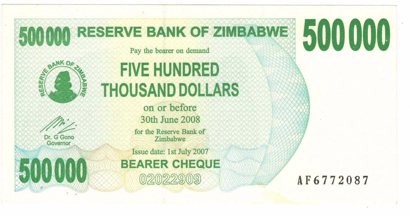 Zimbabwe, 500 000 Dollars , P-51, UNC .Free Ship. To USA. - Simbabwe