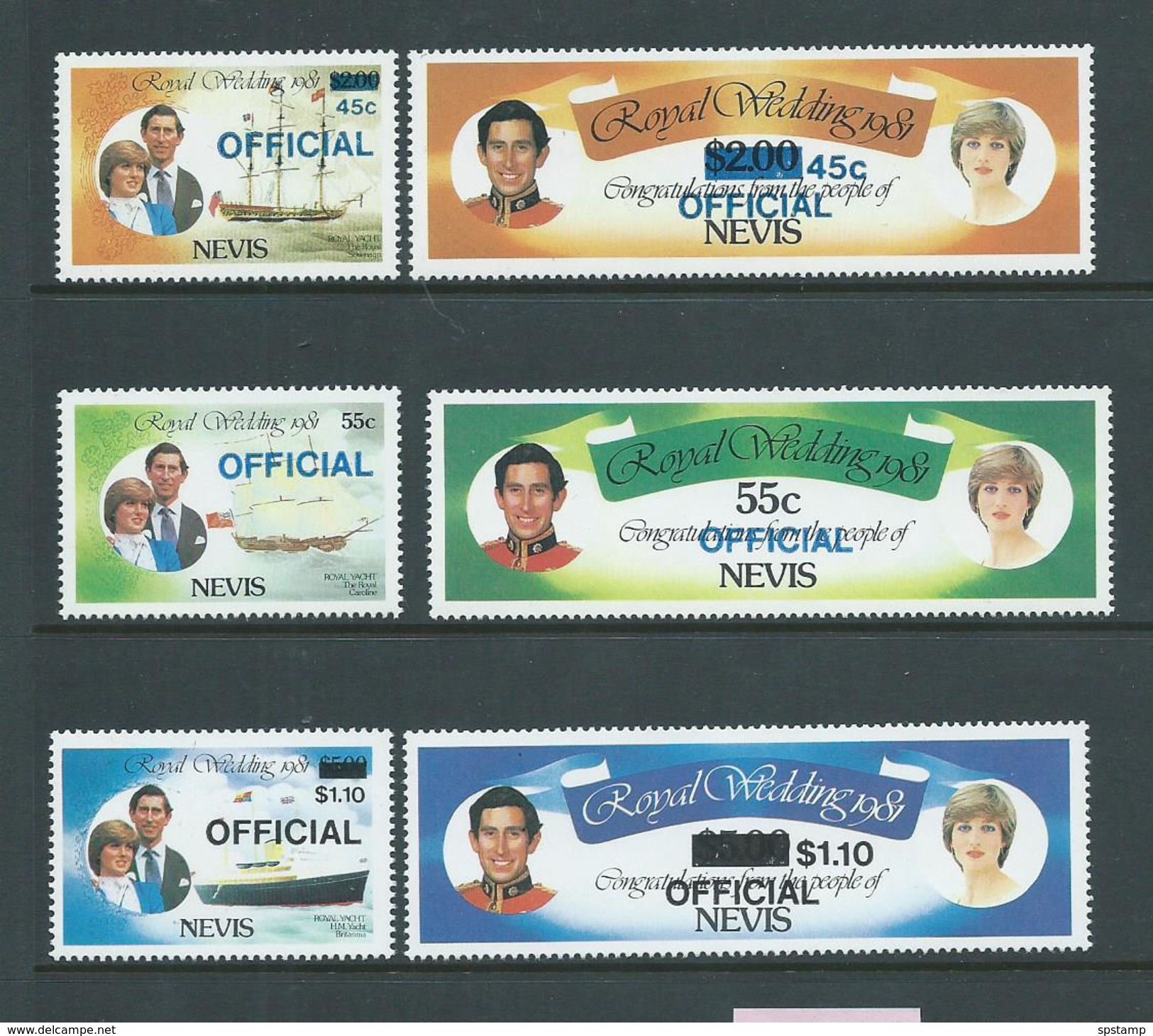 Nevis 1983 Charles & Diana Official Overprint Set Of 6 MNH - St.Kitts Und Nevis ( 1983-...)