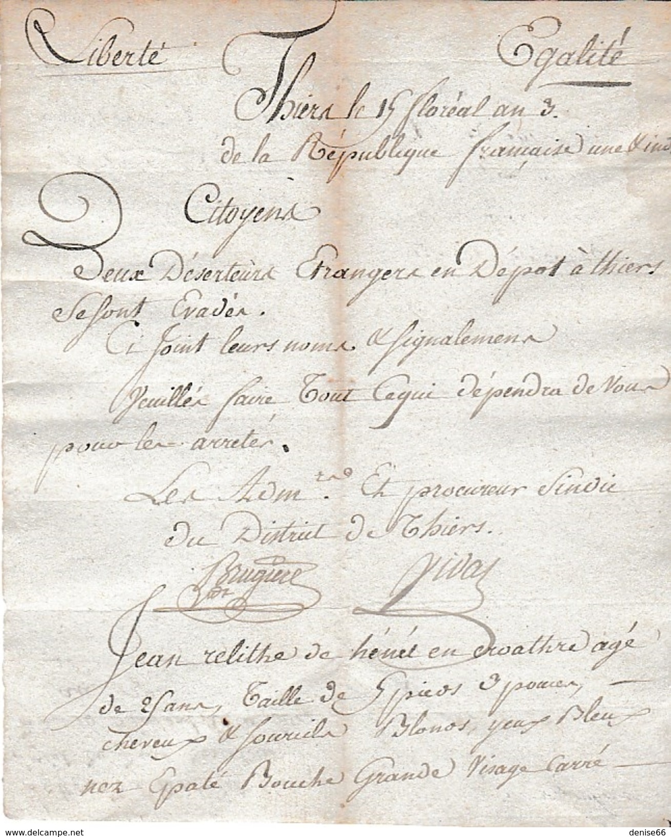 Révol.15 Floréal An 3 - DEUX DÉSERTEURS ÉTRANGERS En Dépôt à THIERS (63) Se Sont ÉVADÉS - Signalements - - Historical Documents