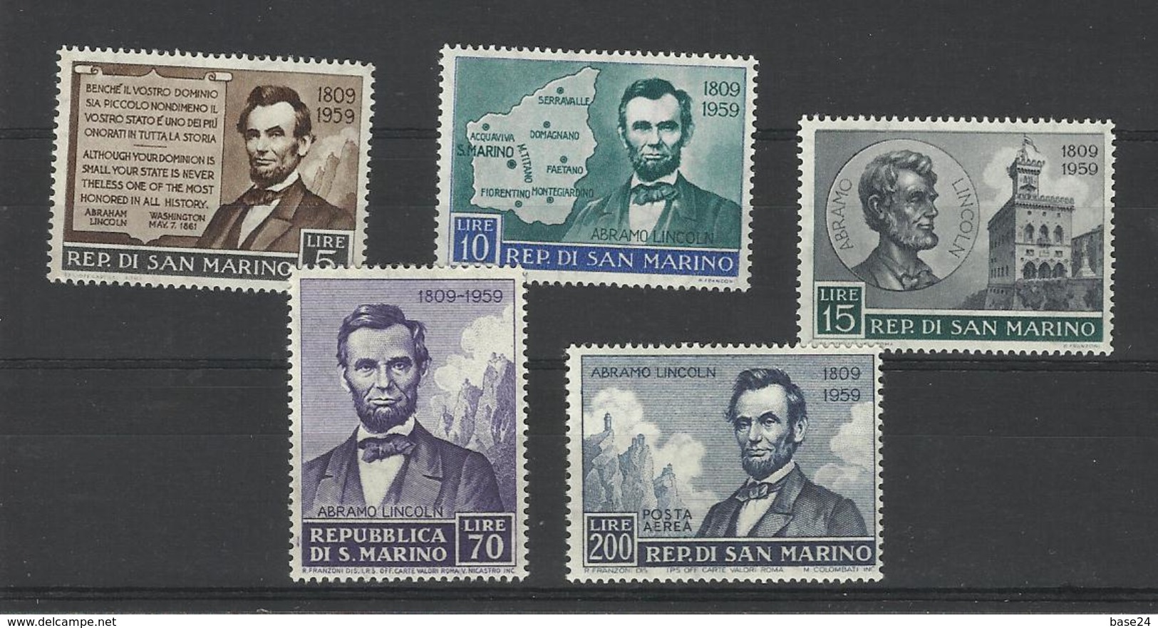 1959 San Marino  Saint Marin A. LINCOLN Serie Di 5 Valori MNH** - Unused Stamps