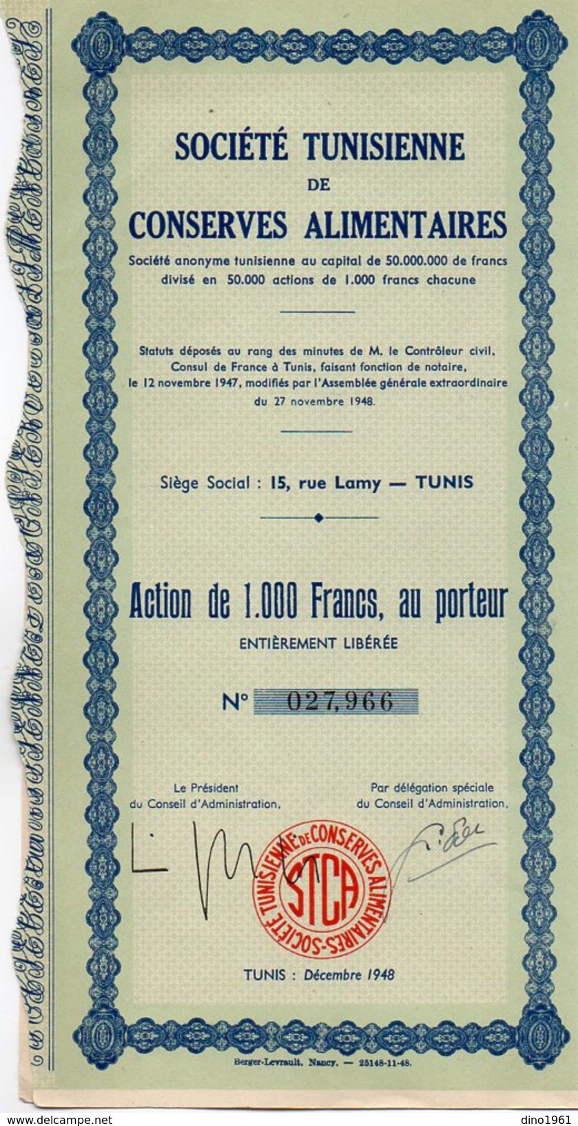 VP9920 - TUNIS 1948 - Action - Société Tunisienne De Conserves Alimentaires - Afrique