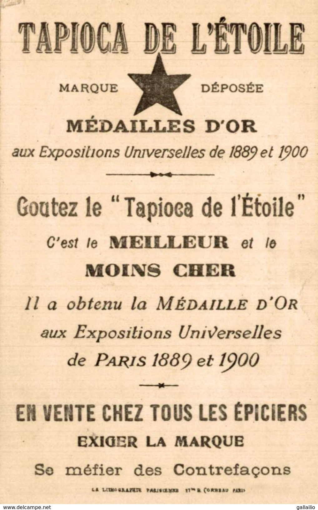 CHROMO TAPIOCA DE L'ETOILE EXPOSITION UNIVERSELLE 1900 PALAIS DES INDUSTRIES DIVERSES - Otros & Sin Clasificación