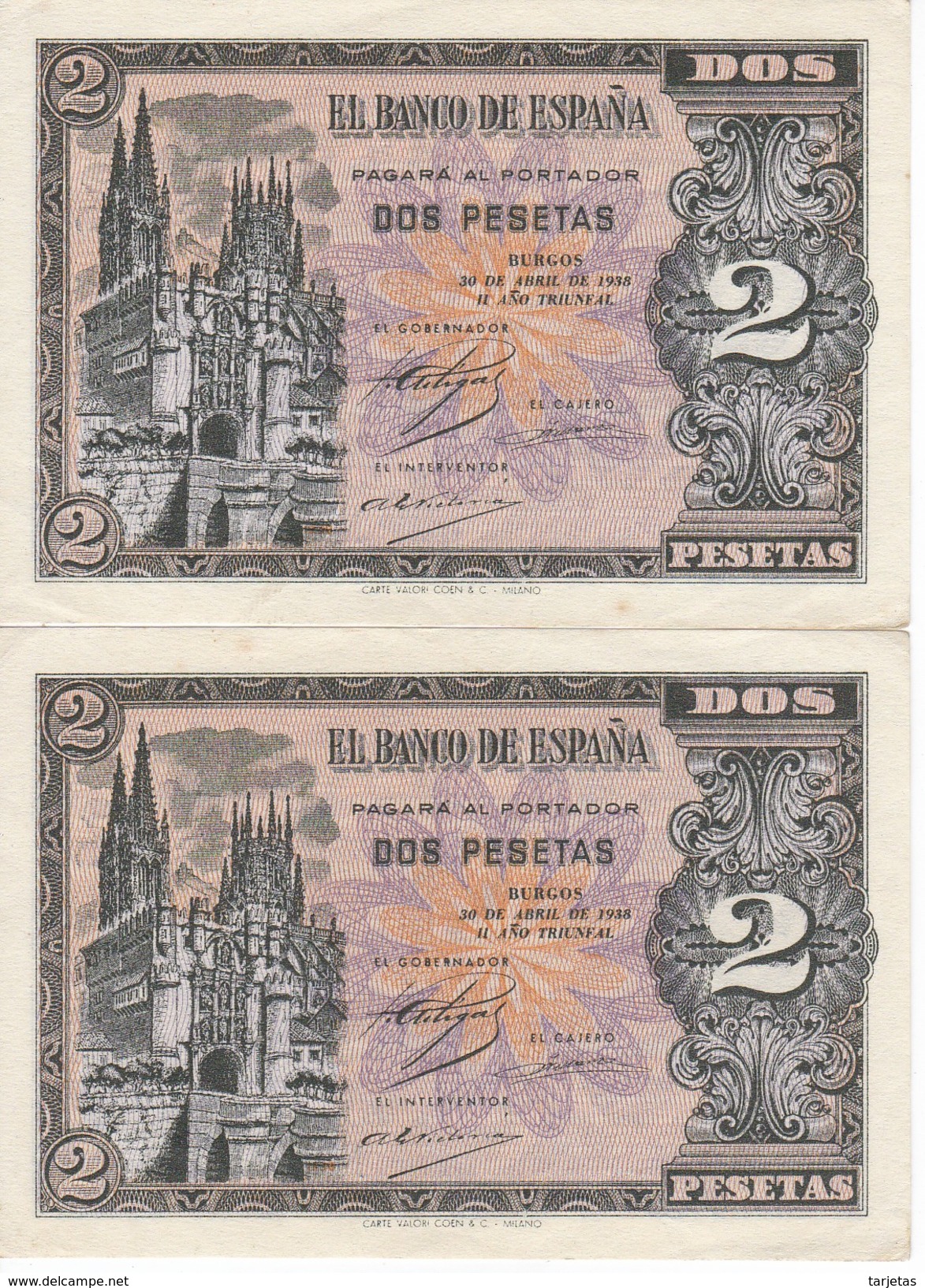 PAREJA CORRELATIVA DE ESPAÑA DE 2 PTAS  DEL AÑO 1938 SERIE N SIN CIRCULAR-UNCIRCULATED (BANKNOTE) - 1-2 Peseten