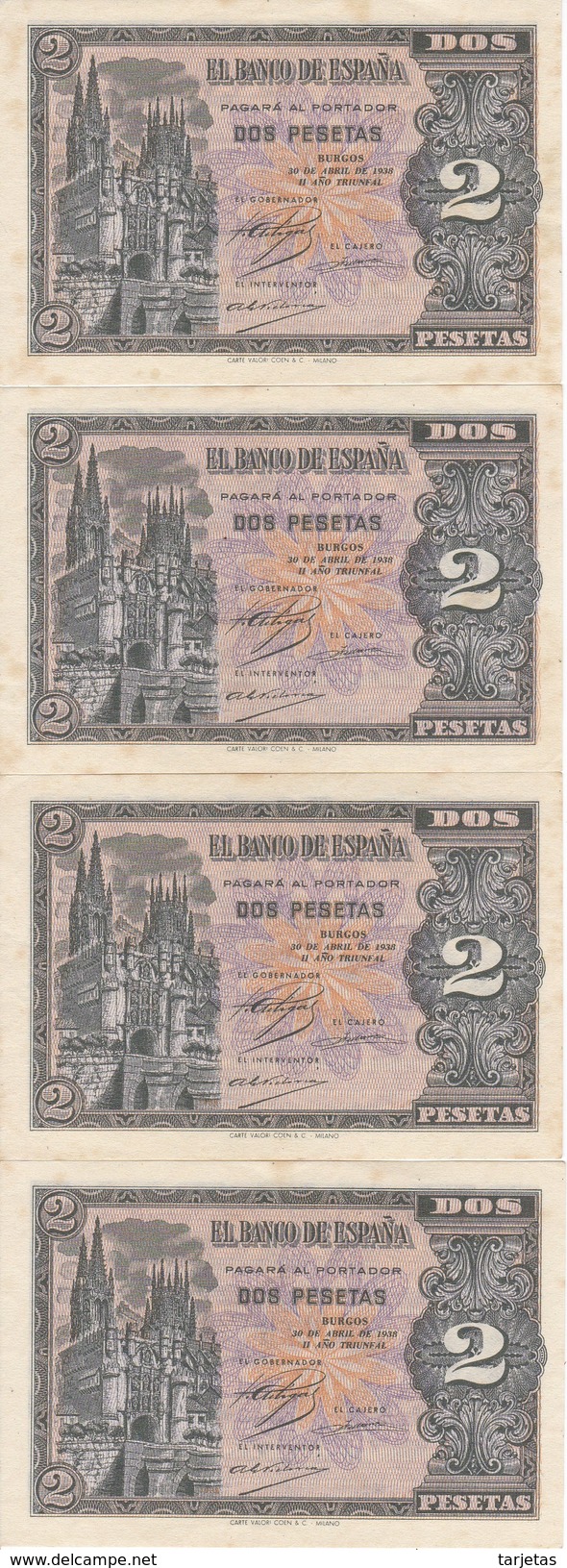 CUARTETO CORRELATIVO DE ESPAÑA DE 2 PTAS  DEL AÑO 1938 SERIE D SIN CIRCULAR-UNCIRCULATED (BANKNOTE) (manchitas) - 1-2 Pesetas