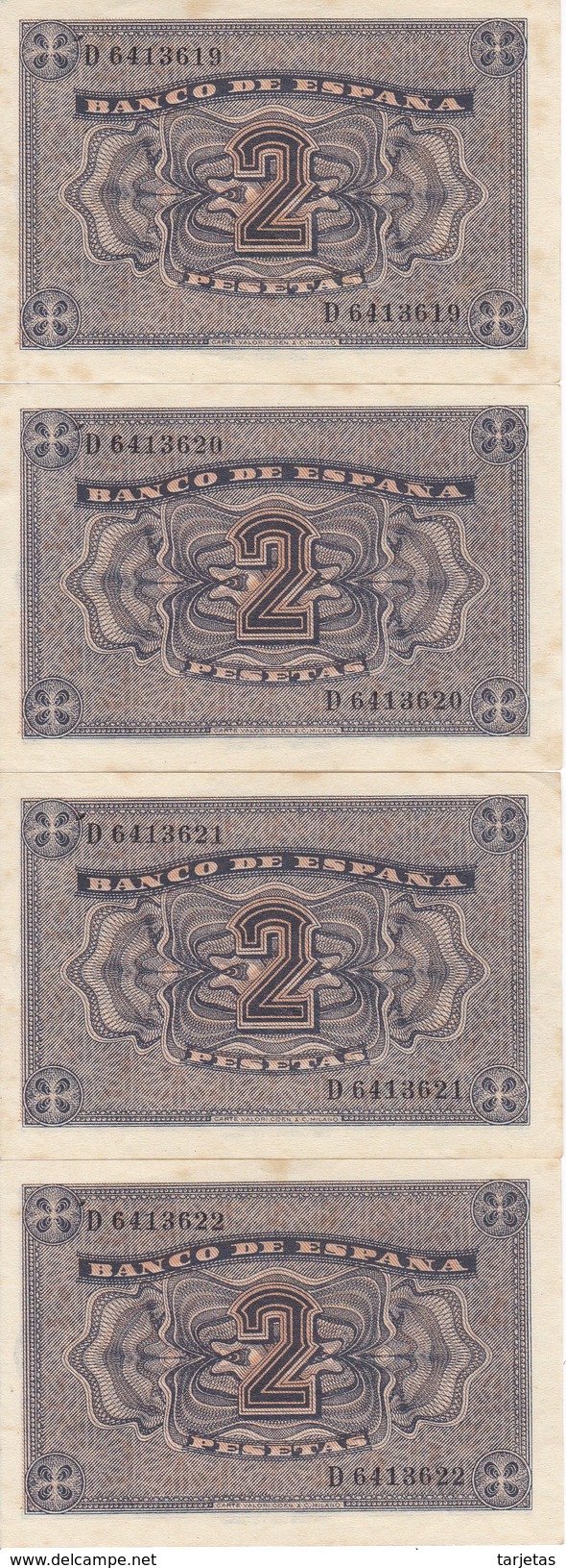 CUARTETO CORRELATIVO DE ESPAÑA DE 2 PTAS  DEL AÑO 1938 SERIE D SIN CIRCULAR-UNCIRCULATED (BANKNOTE) (manchitas) - 1-2 Pesetas