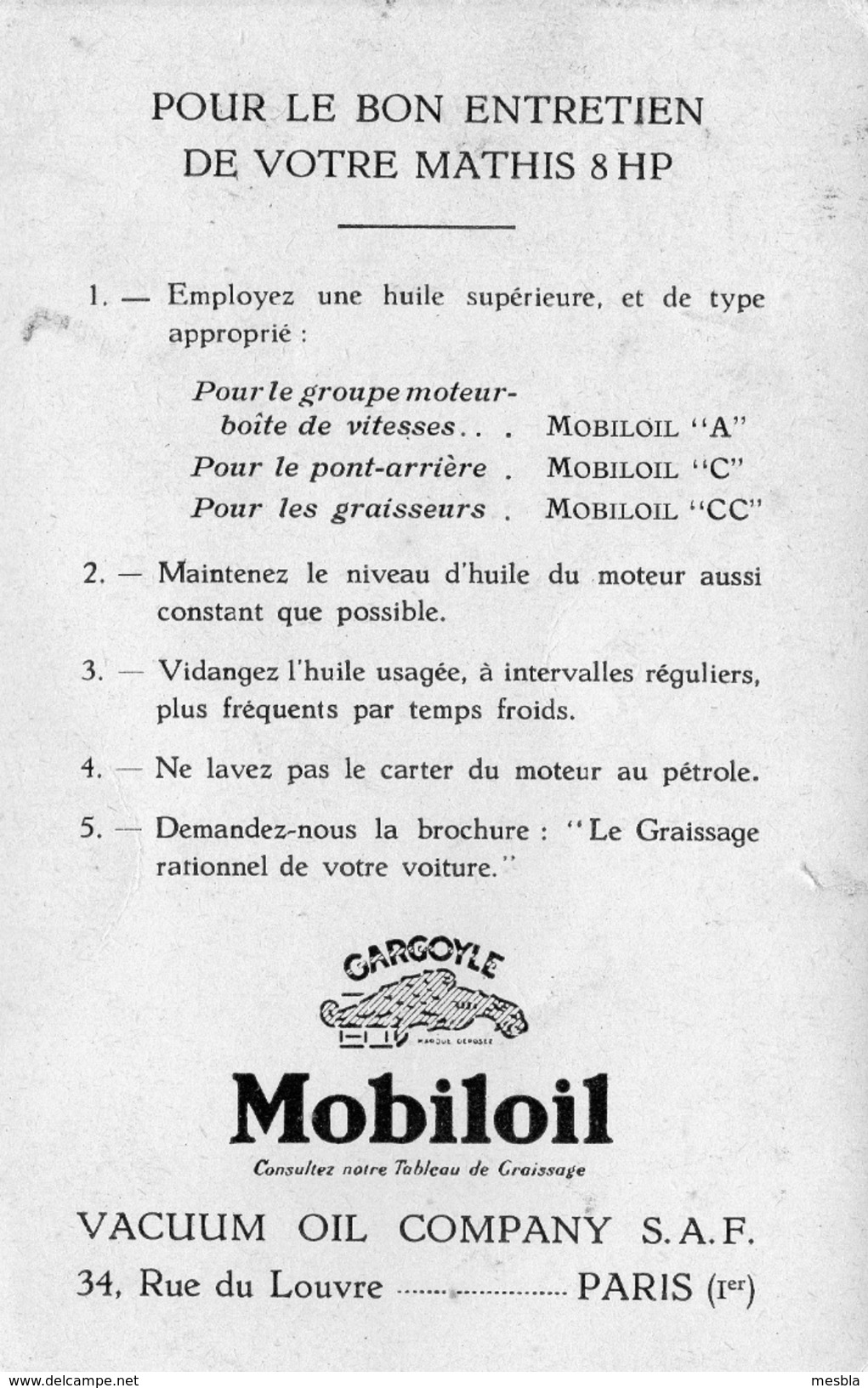 CARTE  MOBILOIL  PARIS  - Pour Le Bon Entretien De Votre Automobile MATHIS 8 HP -  Schéma De Graissage - Publicités