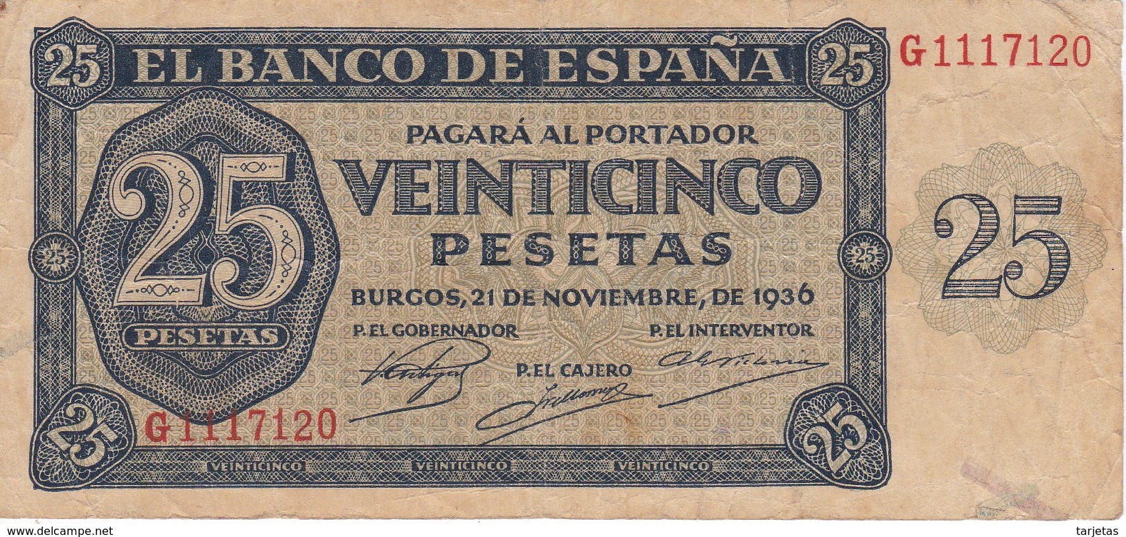 BILLETE DE BURGOS DE 25 PTAS DEL 21/11/1936 SERIE G  CALIDAD  BC+ (BANKNOTE) - 25 Pesetas