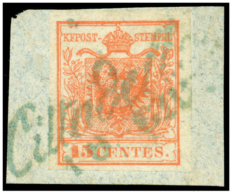 CITTADELLA 10 Giu (1850) Cor Azzurro (R1) Su C.15 (3a), Cert. Basel. / [FRAGMENT] - Other & Unclassified