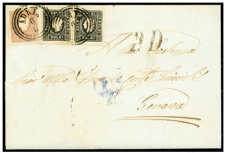 ADRIA C3 (p. 3) Bella Lettera Del 1862 Per Genova Affrancata Col 10 + 3 + 3 Sd. (29 + 31)./ [COVER] - Other & Unclassified