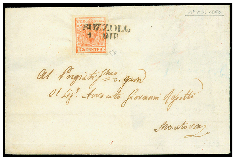 BOZZOLO 1 Giugno (1850) SD Su C. 15 Della Prima Tiratura, Lettera Quasi Completa Per Mantova Firma E. Diena E Cert.... - Other & Unclassified