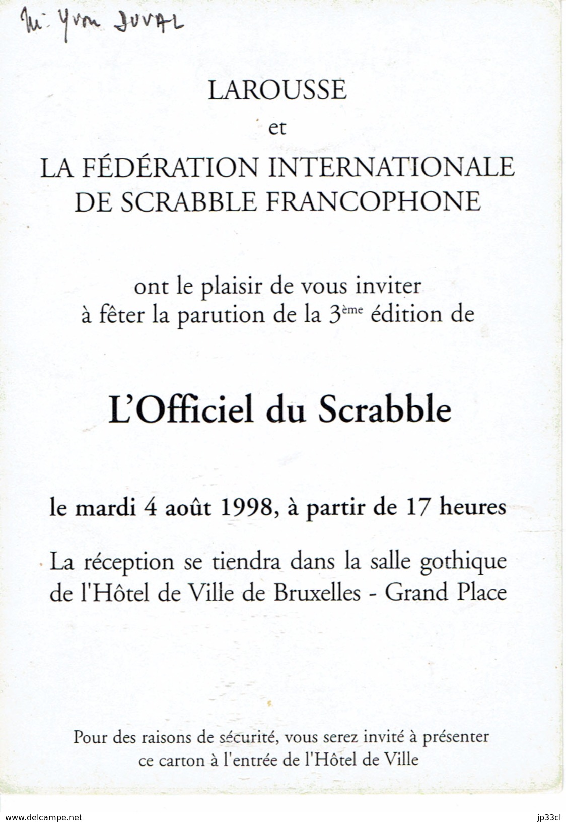 Carte Postale Larousse L'Officiel Du Scrabble Invitation à La Parution De La 3ème édition, 4/8/1998, Bruxelles - Autres & Non Classés