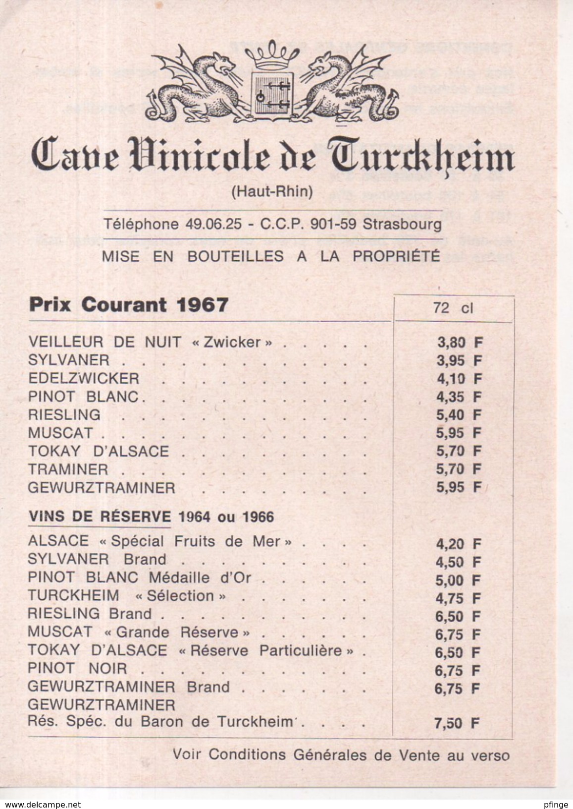 Cave Vinicole De Turckheim - Bon De Commande - Descriptif Et Tarifs, 1967 - Autres & Non Classés
