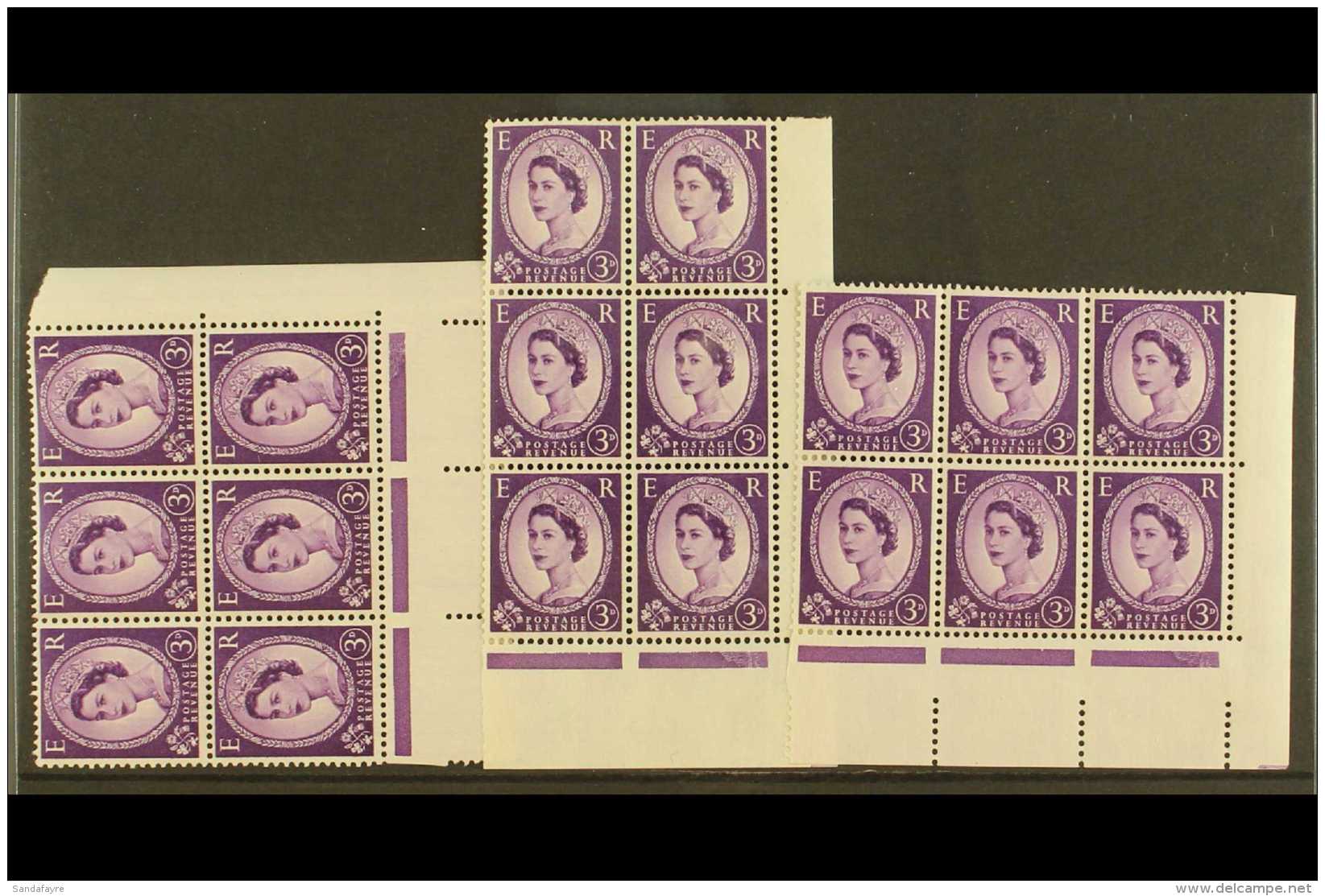 1958  3d Deep Lilac, SG 575, Never Hinged Mint Corner Blocks Of 6 (3 X 2 &amp; 2 X 3), All Bearing "Phantom R"... - Other & Unclassified