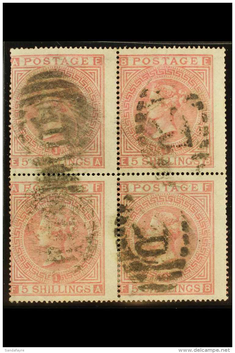 1867  5s Rose, SG 126, Plate 1, BLOCK OF FOUR Used With Registered Cancels. With RPS Certificate. A Rare... - Sonstige & Ohne Zuordnung