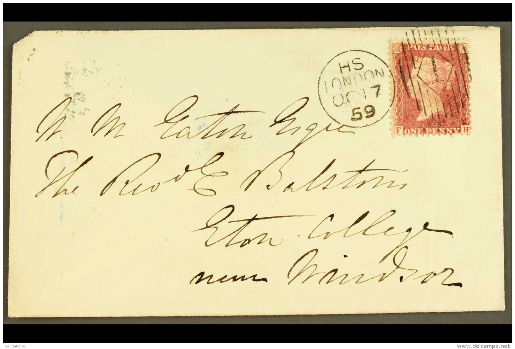 1859 CHARLES RIDEOUT MACHINE CANCEL  (Oct) Envelope (flap Missing) To Eton College, With 1d Red Tied Code HS... - Other & Unclassified