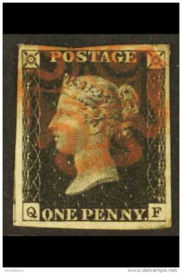 1840  1d Black 'QF', Plate 8, SG 2, With 4 Margins And Red MC Pmk, Repaired At Top. For More Images, Please Visit... - Unclassified