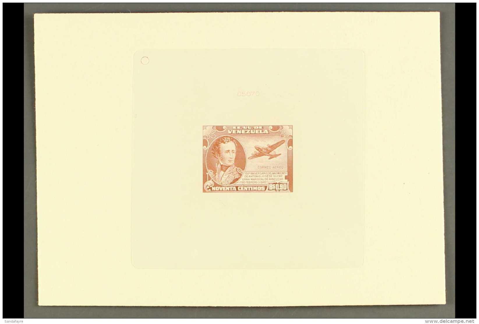 1945  Sunken Die Proof For The 90c Antonio Jose De Sucre Air, As Sc C212, Printed In Pale Reddish Brown On Card,... - Venezuela