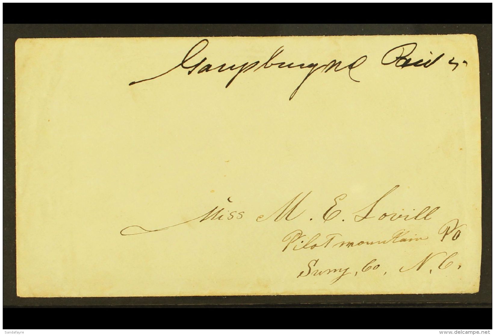 1861 MANUSCRIPT POSTMASTER'S PROVISIONAL ON COVER.  Undated Stampless Cover Addressed To Pilot Mountain, North... - Sonstige & Ohne Zuordnung