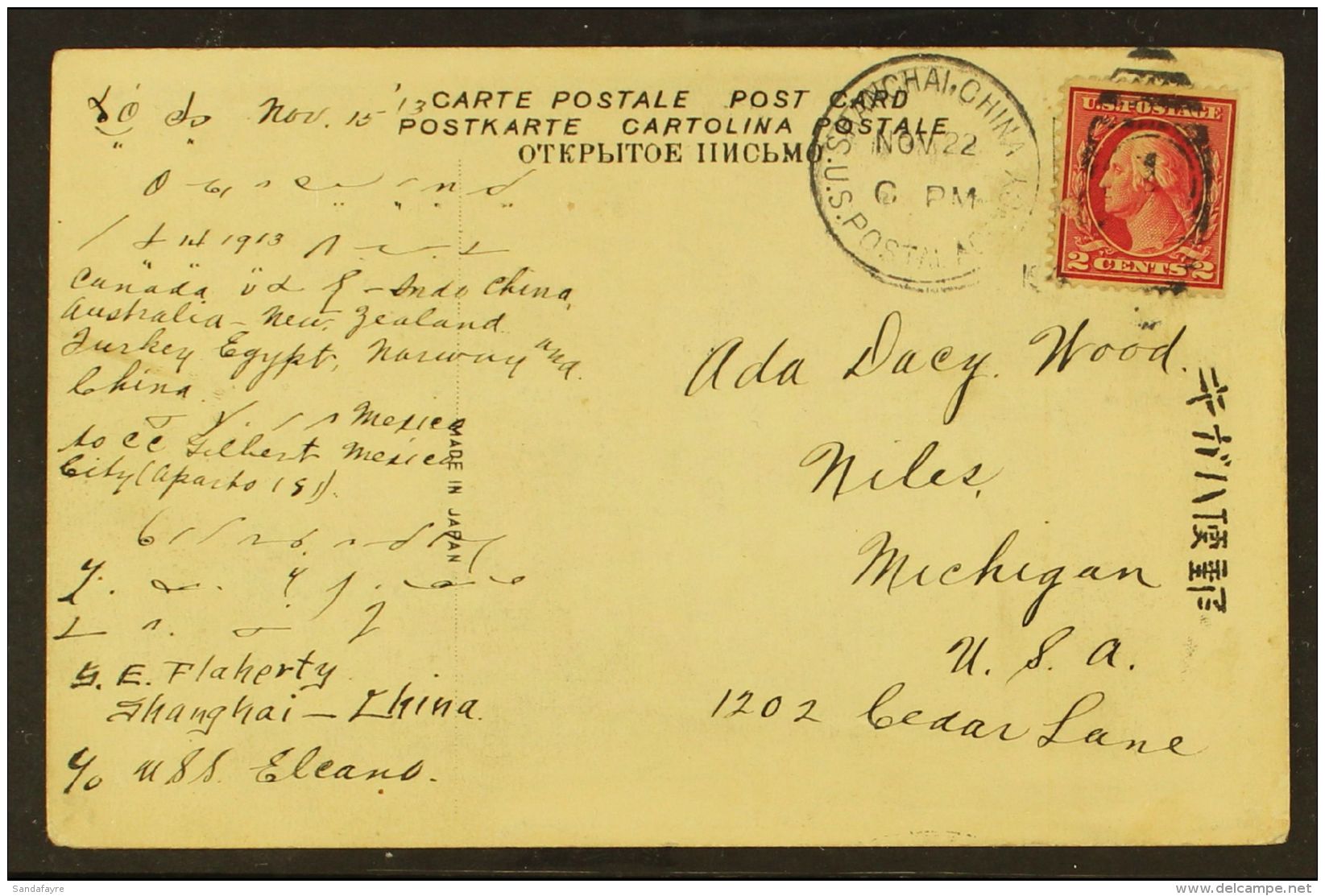 YANGTZE RIVER PATROL SHIP MAIL.  1913 (22 Nov) Picture Postcard Sent By A Sailor On U.S.S. Elcano, Addressed To... - Other & Unclassified