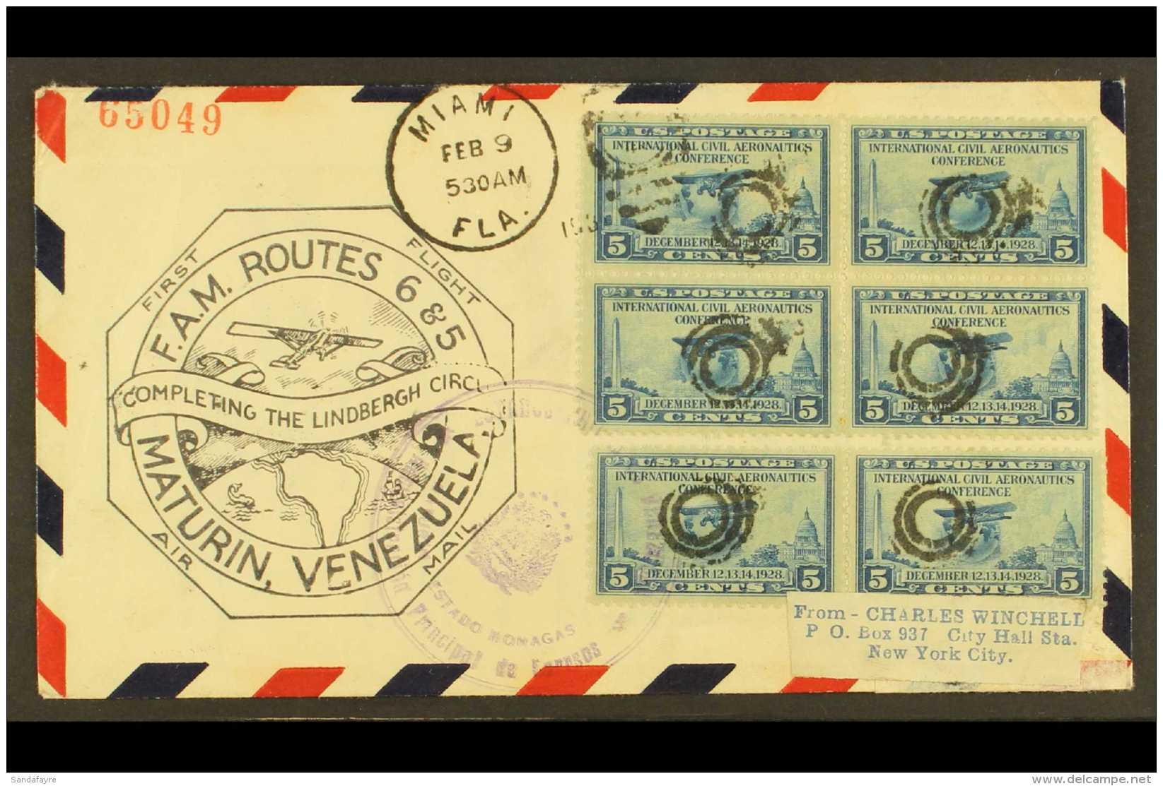 1931 FIRST FLIGHT COVER  (Feb 9th) F.A.M Routes 6 &amp; 5 Miami  -  Venezuela - New York, The Lindbergh Circle!.... - Other & Unclassified