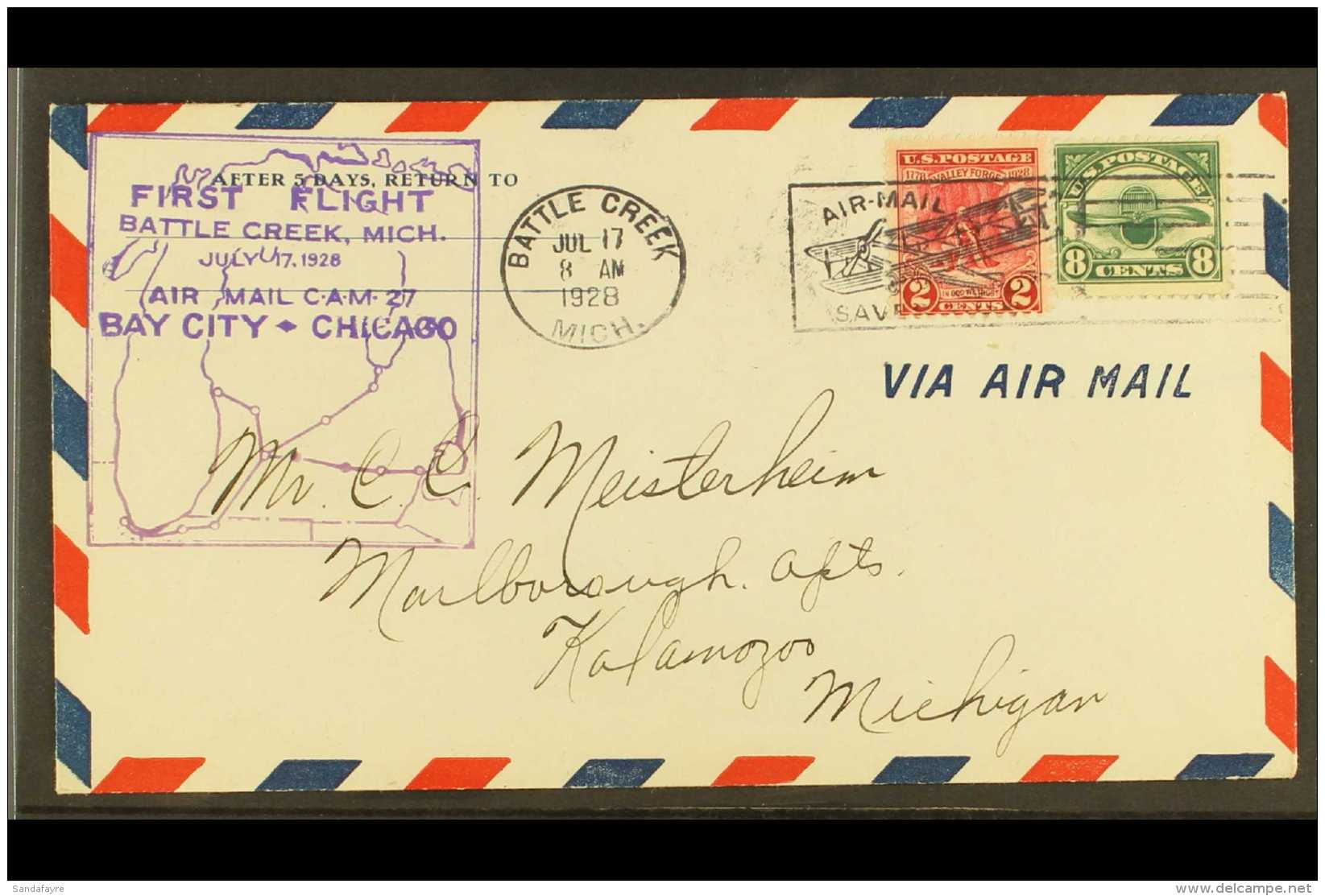 1928 FIRST FLIGHT COVER  (July 17th) Battle Creek To Karlamazoo Bearing 8c Air Mail (Scott C4) &amp; 2c Valley... - Sonstige & Ohne Zuordnung